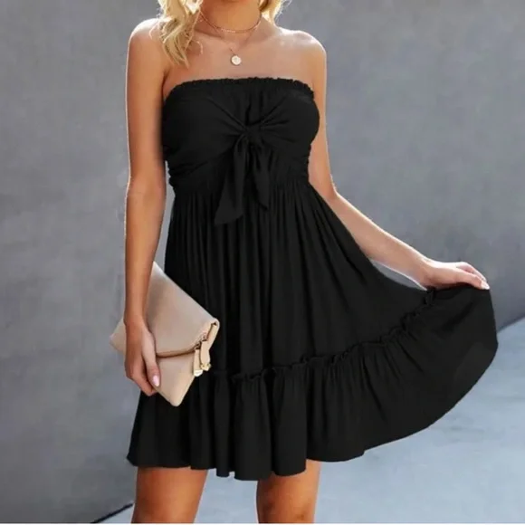 sachin and babi light blue dress Dresses | Boho Black Knit Front Ruffle Hem Mini Tube Dress